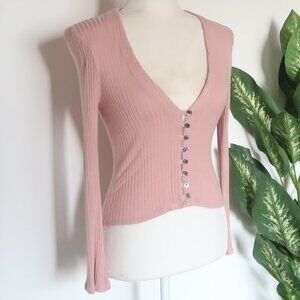 Reformation Pink Ribbed Knit Button Front Long Sleeve Top Baby Doll Cardigan S